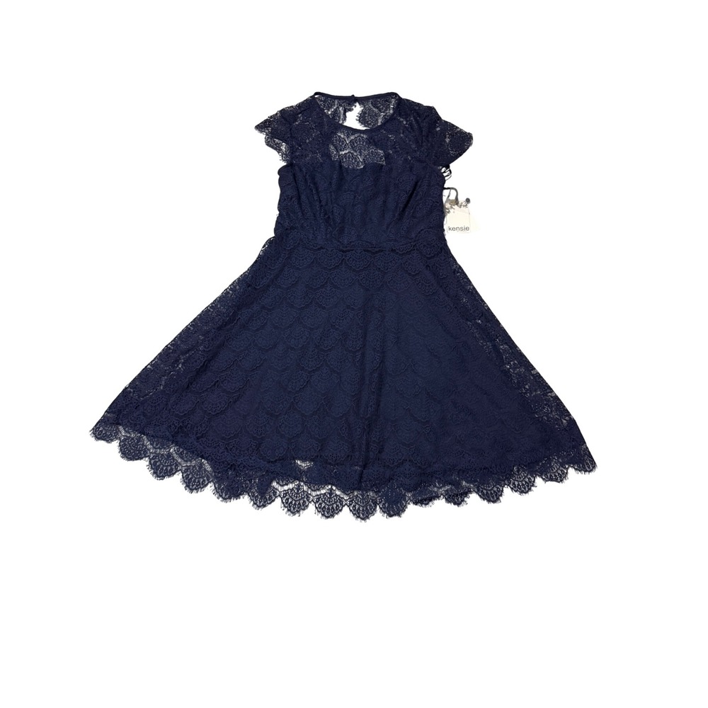 Kensie Navy Blue Lace Fit and Flare Dress Cap Sleeve Keyhole Back Sz 10 NWT